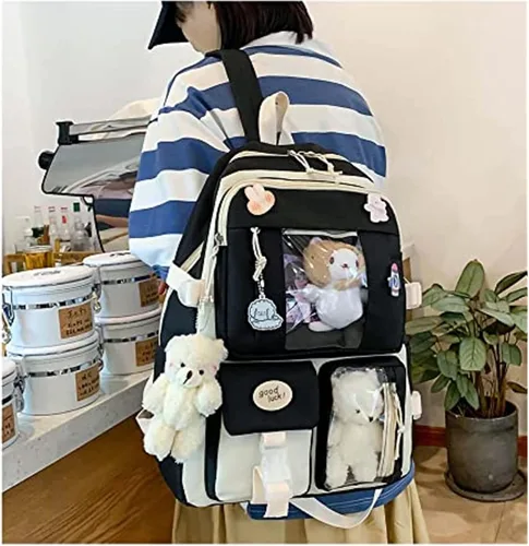 Vista 3 de Mochila Kawaii de 5 piezas, bolsa deportiva estética de 17 pulgadas con bonita mochila, bolsa de hombro, caja de lápices, bolsa de mano, bolsa