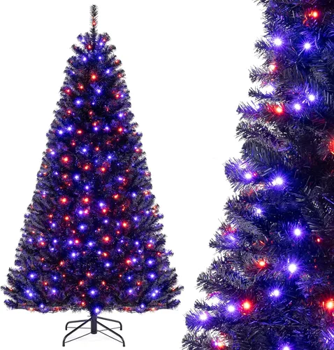 Vista 31 de HAPPYGRILL - Árbol de Navidad artificial preiluminado de 2.1 m, árbol de Navidad con nieve flocada y 320 luces LED multicolor, 8 modos de Snow Pe
