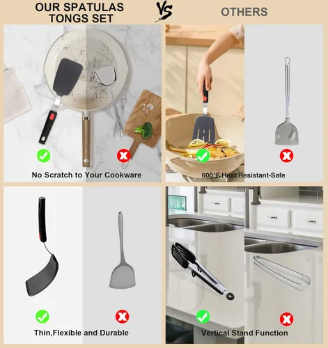 Vista 6 de Juego de 4 espátulas de silicona flexible y pinzas para alimentos de cocina con puntas de silicona, resistente al calor de 600 °F, ideal