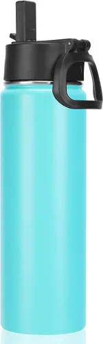 Vista 33 de Neihepal Botellas de agua aisladas de 22 onzas con tapa con popote a prueba de fugas, botella de agua de acero inoxidable de doble pared de boca