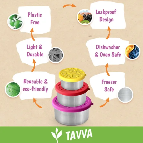 Vista 7 de TAVVA Recipientes de acero inoxidable para niños [12 onzas/7 onzas/3 onzas] – A prueba de fugas con tapas de silicona, lonchera para niños, lonchera