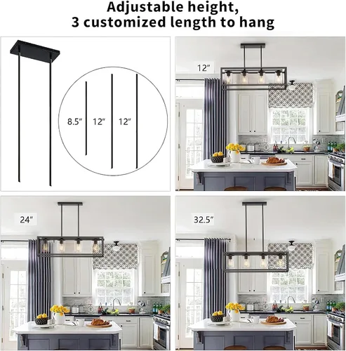 Vista 3 de Lámpara de comedor de granja – Iluminación de isla de cocina de 4 luces con altura ajustable y metal grueso para comedor sobre mesa, candelabros