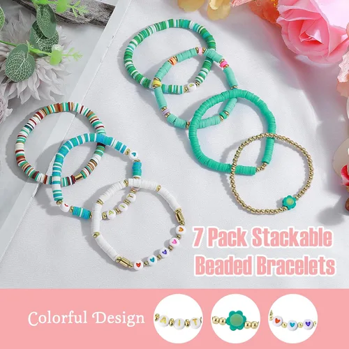 Vista 2 de Colorida pulsera elástica apilable, estilo bohemio, con cuentas, pulsera Heishi Surfer apilable Y2K, joyería de moda, conjunto múltiple de amistad