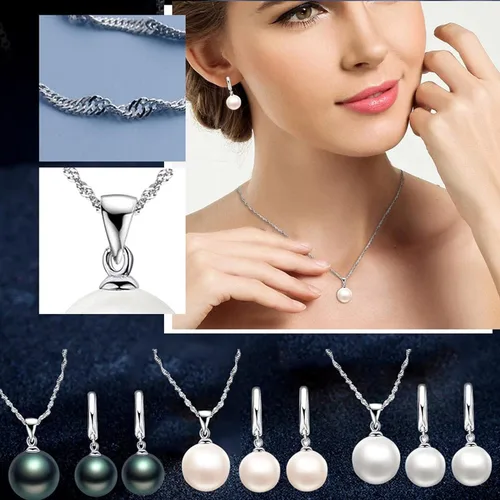 Vista 2 de Pendientes de perlas con cadena de ondas, borla y perlas de plata esterlina, collar de perlas artificiales, collar de novia, conjuntos de joyas