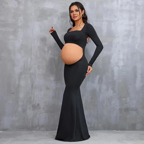 Vista 3 de Bhome Vestido de sesión de fotos de maternidad, manga larga, sexy, recortado, espalda descubierta, vestido largo de maternidad, trajes de fotografía
