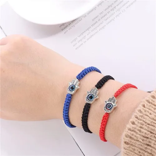 Vista 2 de Juego de 7 pulseras contra el mal de ojo, hechas a mano, ajustables, pulseras de protección Mal De Ojo Lucky Red Black String Elephant Sea Turtle