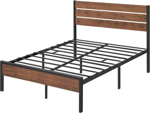 Vista 7 de Base de cama rústica tamaño Queen con cabecero, plataforma de metal, marco de cama de granja, listones de metal, marco de cama resistente