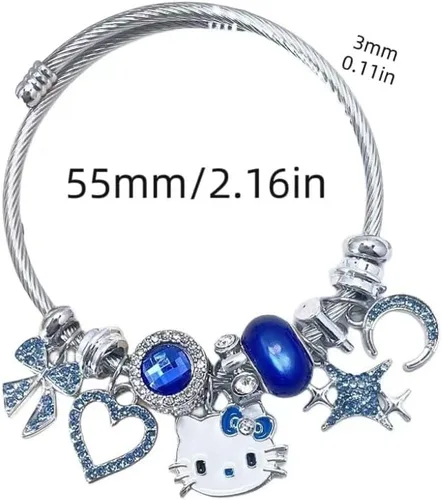 Vista 2 de ToamE Pulsera azul con texto en inglés "Star Moon Hello KITTY, accesorio Kawaii", pulsera ajustable de acero inoxidable, regalo de cumpleaños