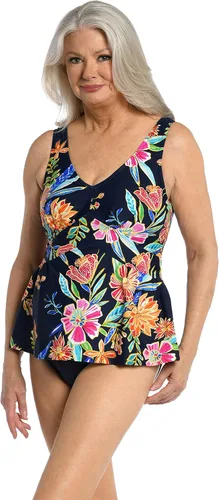 Vista 4 de Maxine of Hollywood Women's Over The Shoulder Empire Tankini Swimsuit Top Negro/ Jardín iluminado por la luna
