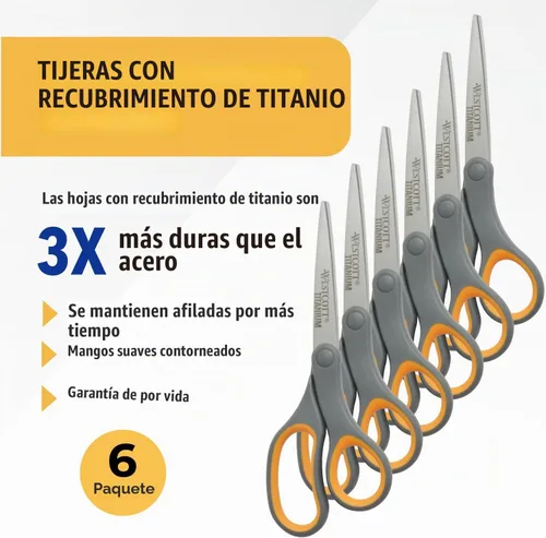 Vista 2 de Westcott Tijeras con Unión de Titanio, Mango Suave, 8", Rectas, Gris/Amarillo, Paquete de 6