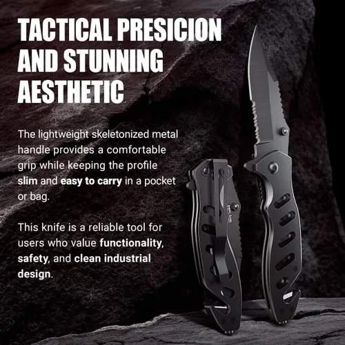 Vista 9 de Cuchillo táctico legal para hombres y mujeres - Hoja serrada de 2.68 pulgadas - Pequeños cuchillos de bolsillo negros con rompecristales y cortador