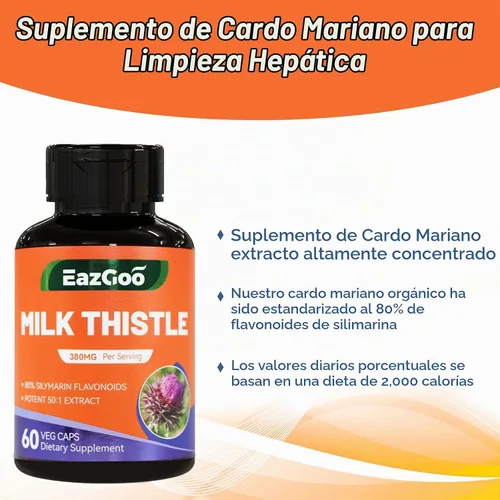 Vista 4 de Suplemento de cardo mariano, 60 cápsulas, suplemento de apoyo hepático, vegano, sin OMG