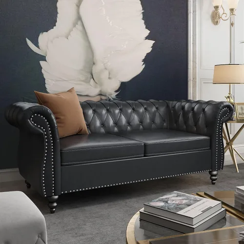 Vista 13 de QHITTY Sofá grande Accent, sofá Chesterfield de 3 plazas moderno de cuero, sofá tapizado con respaldo copetudo para muebles de sala de estar (negro)