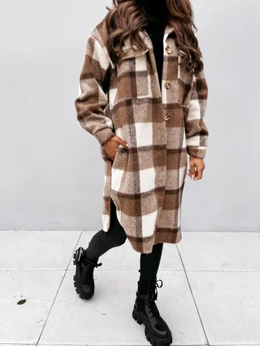Vista 3 de Yousify Chaqueta larga con solapa a cuadros para mujer cepillada con botones y bolsillos