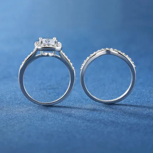 Vista 6 de MDFUN Anillo de compromiso de boda con circonita cúbica chapada en oro blanco de 18 quilates con halo de compromiso de boda y eternidad para mujer