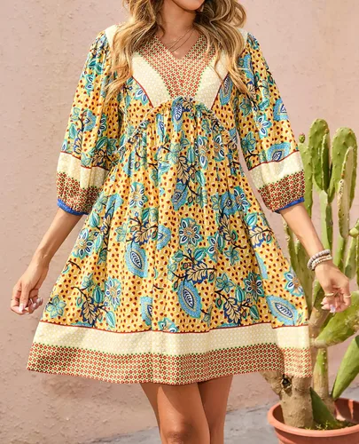 Vista 2 de BTFBM Vestidos casuales de primavera y verano para mujer, cuello en V, manga larga 34, con volantes, floral, estilo bohemio, mini vestido de playa