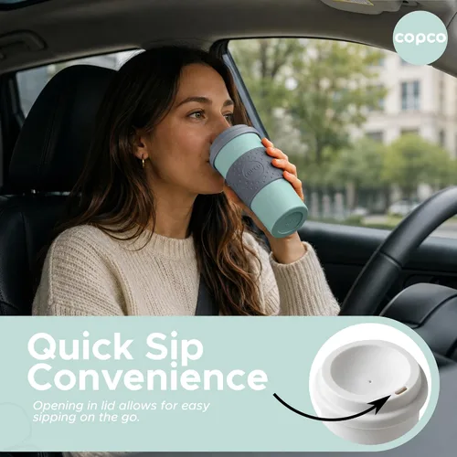 Vista 6 de Copco Acadia - Taza de viaje de 16 onzas con tapa, juego de 2 vasos aislados de doble pared, funda antideslizante y sin BPA, apta para microondas
