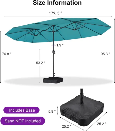 Vista 12 de PURPLE LEAF - Sombrilla de mercado de patio de 13 pies con base rectangular doble cara, sombrilla de mesa para exteriores con manivela, 12 varillas