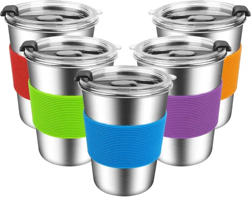 Vista 10 de ShineMe Vasos para niños con pajitas y tapas, 12 onzas, a prueba de derrames, con mangas, vaso de agua reutilizable para bebidas frías y calientes