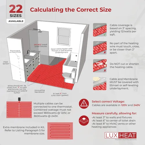 Vista 6 de LuxHeat Sistema eléctrico de calefacción por suelo radiante de 10 pies cuadrados - Sistema de calefacción de piso de 120 V para azulejos - Incluye