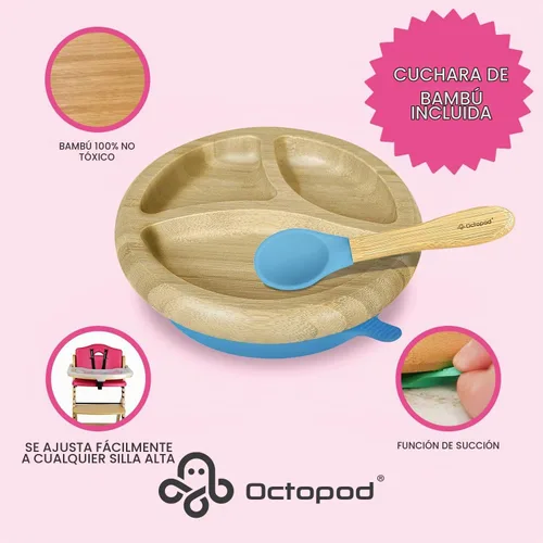 Vista 2 de Abiie Octopod Bamboo Dish & Spoon - Plato de succión para bebé - 4 meses y Azul-RP (placa redonda)