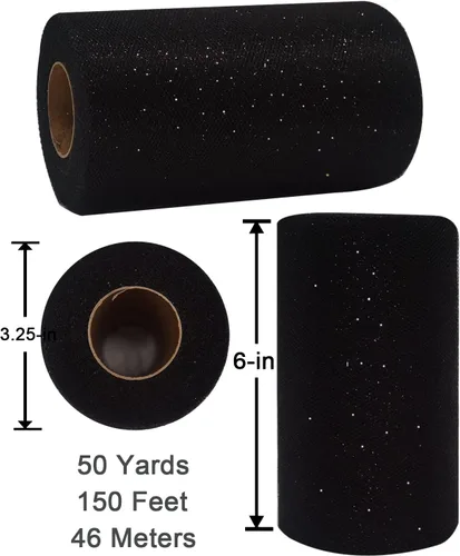 Vista 3 de Rollos de tela de tul con purpurina negra, 6 pulgadas, 50 yardas (150 pies), cinta de carrete brillante de lentejuelas para falda tutú, envoltura