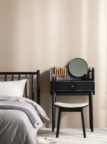Vista 2 de URFORESTIC Taburete de tocador de madera de roble, moderno taburete de maquillaje con superficie de asiento cóncavo, capacidad de 300 libras, fácil