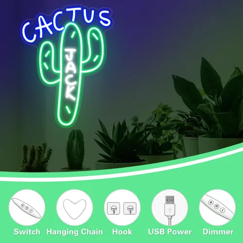 Vista 5 de Letrero de neón Cactus Jack - Letreros de neón LED con atenuación para decoración de pared 15.7 X 11.8 pulgadas, luces de neón de color alimentadas