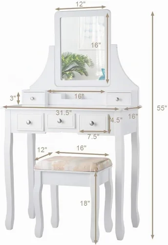 Vista 7 de CHARMAID Juego de tocador de maquillaje con espejo y taburete acolchado, tocador con 5 cajones y organizadores de almacenamiento extraíbles, mesa
