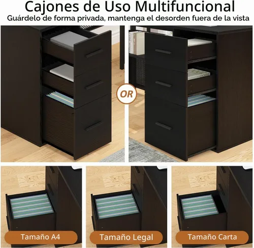 Vista 8 de HSH Escritorio negro en forma de L con cajones, escritorio de esquina con Roble negro