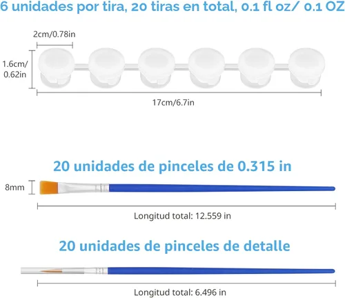 Vista 2 de 20 tiras de 120 macetas, tiras de pintura vacías con tapa, mini recipientes de almacenamiento transparentes y 40 pinceles de pintura, suministros