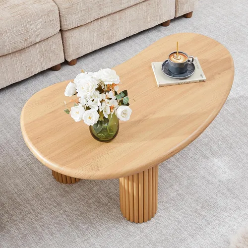 Vista 3 de Mesa de Centro Acanalada, 39'' Mesas de Centro Estilo Granja para Sala de Estar, Mesa Central de Acento de Madera Baja Mesa de Té Pequeña con Base