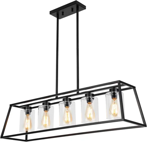 Vista 13 de Candelabros negros de granja para comedor, lámpara rústica de isla de cocina, lámpara colgante lineal de 4 luces, isla de cocina con pantalla