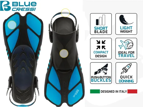Vista 2 de Cressi - Aletas de natación cortas ajustables para adultos con hebillas ultrarresistentes, muy ligeras - Ideales para viajar Bonete: Diseñadas