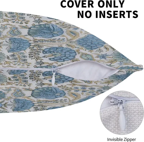 Vista 7 de Juego de 2 fundas de almohada florales bohemias de 16 x 16 pulgadas, fundas de almohada de lino con estampado de bloques azules estilo campestre