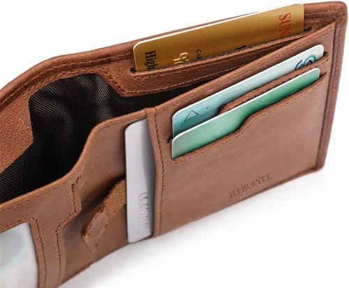Vista 4 de JEEBURYEE Cartera de piel para hombre con bloqueo RFID y bolsillo frontal delgado para hombre