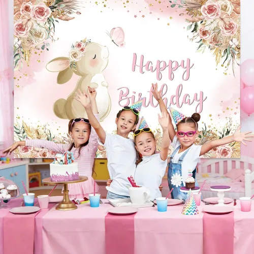 Vista 7 de MEHOFOND Fondo floral de cumpleaños para niñas, acuarela, bohemio, flores, conejo, día de Pascua, fotografía de fondo, pancarta de feliz cumpleaños