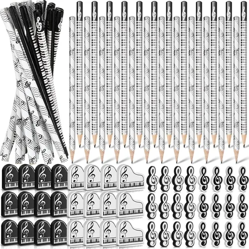 Vista 9 de 24 piezas Lápices de música con notas musicales y borradores Teclado de piano de madera Borradores para recitales de piano Regalos musicales A favor