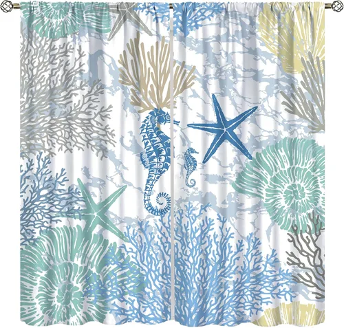 Vista 14 de Cortinas de decoración de playa con océano azul, peces náuticos costeros playeros de verano, conchas marinas, temática infantil, dormitorio, sala