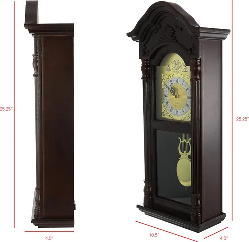 Vista 3 de Bedford Clock Collection Reloj de pared antiguo de roble cereza de caoba antiguo de 25.5 pulgadas con números romanos, marrón
