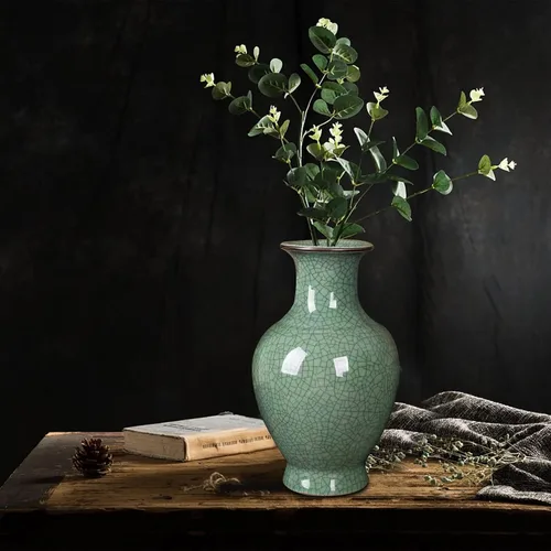 Vista 3 de Jarrón de cerámica verde, jarrones chinos antiguos de esmalte de grietas de hielo, 11.2 pulgadas de alto Handmade Art Big China Porcelain Vase for