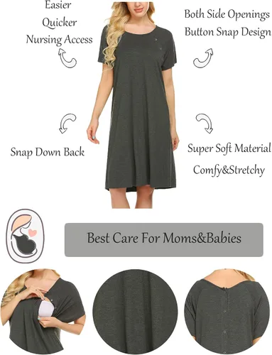 Vista 2 de Ekouaer - Camisón con botones y manga corta para mujer, vestido para lactancia, parto, hospital y maternidad, tallas S-XXL