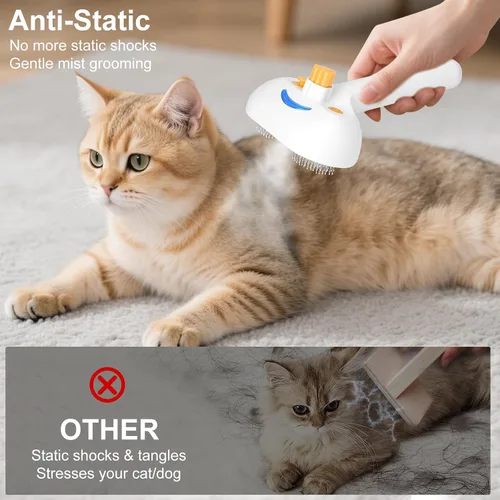 Vista 6 de Juego de cepillos de vapor para mascotas 3 en 1 para perros y gatos, peine de aseo con aerosol, herramienta de desfurado, depilación asistida por