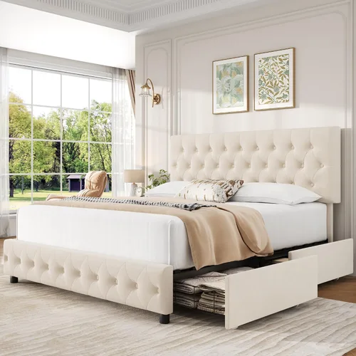 Vista 9 de Keyluv - Base de cama tapizada moderna con 4 cajones, diseño de cabecera con botones, soporte de listones de madera maciza, fácil montaje, tela