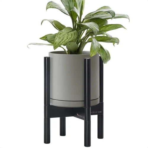 Vista 43 de D'vine Dev Maceta de cerámica con soporte de ébano – Maceta redonda moderna de 8 pulgadas con soporte para maceta de madera, color negro, 55-B-M-2