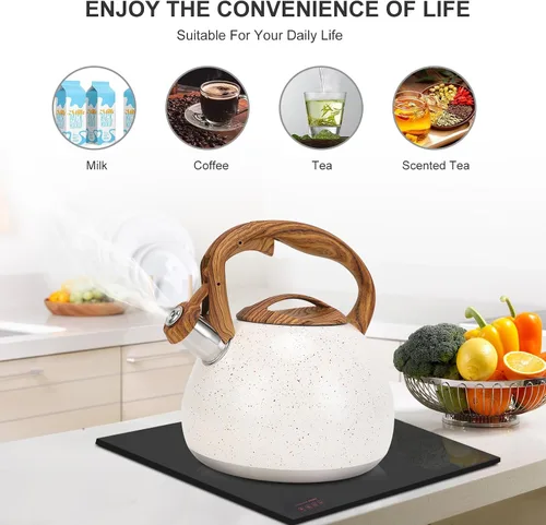 Vista 7 de Tetera, Vegoran Tetera Silbante de 100 OZ / 3 Litros, Teteras para Estufa de Acero Inoxidable Grado Alimenticio con Mango Plegable