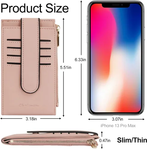 Vista 5 de Chelmon Billetera delgada con bloqueo RFID para mujer, con bolsillo con cremallera, Rosa Champán, Minimalista
