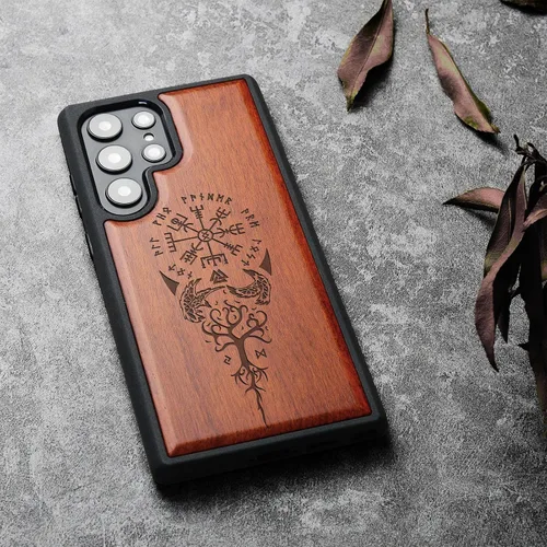 Vista 3 de Carveit Funda para Galaxy S22 Ultra de madera compatible con S22 Ultra Viking Compass Vegvisir-Rosy Madera real dura, TPU suave, funda protectora
