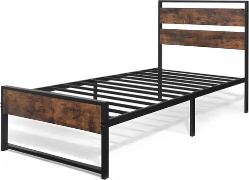 Vista 7 de CAPHAUS Base de cama de metal con cabecera y estribo de madera, plataforma de metal con marco de acero de primera calidad, base de colchón, sin