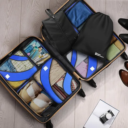 Vista 2 de Simple Houseware - Juego de 8 cubos de equipaje con bolsa de lavandería, color azul